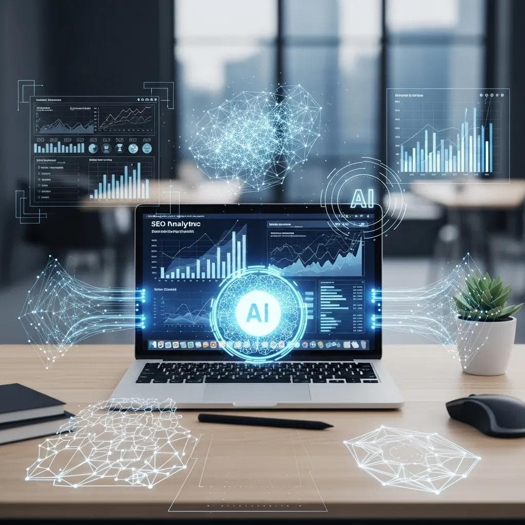 Modern workspace with laptop showing SEO analytics and AI technology elements